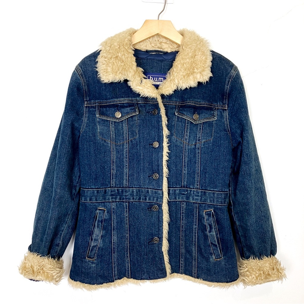 Vintage y2k jean jacket Sherpa collar faux fur dark long 2000s fuzzy penny lane